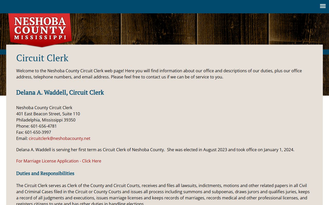 Neshoba County Circuit Clerk court records contact page