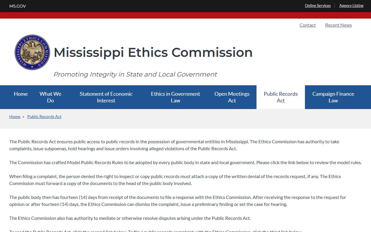 Mississippi public records page tied to Neshoba County court records access