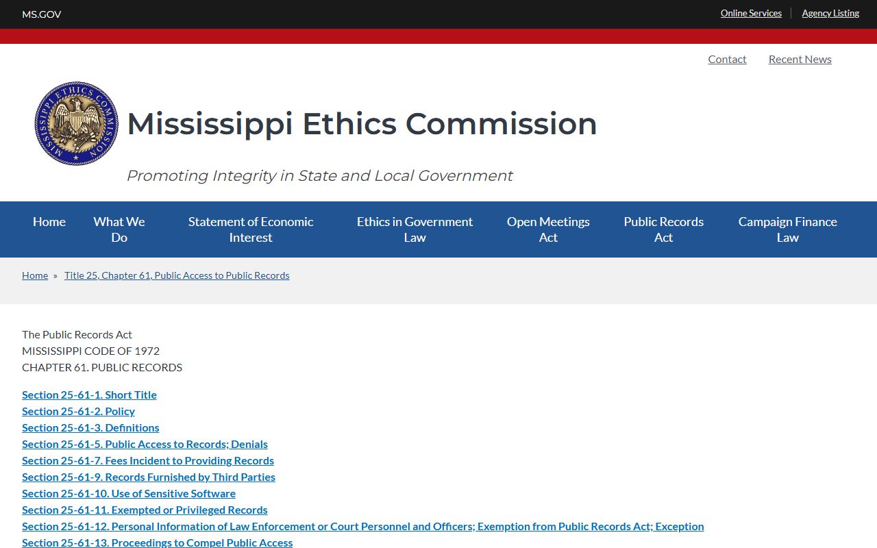 Mississippi Public Records Act page for Neshoba County court records access