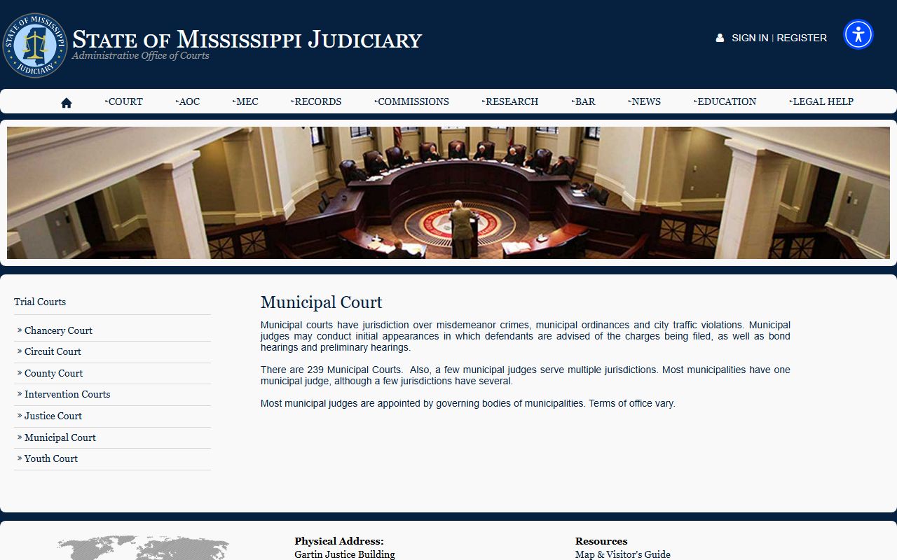Mississippi Judiciary Municipal Court page used for Neshoba County docket and court records research
