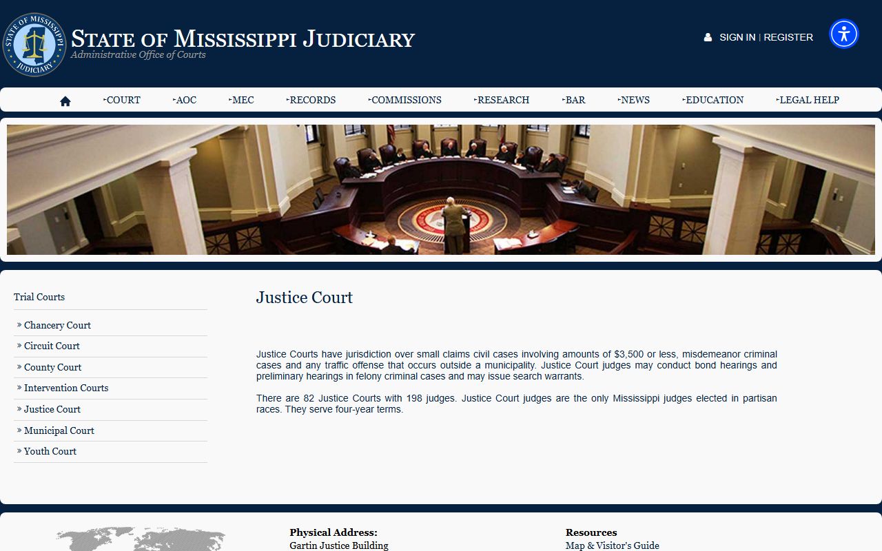 Mississippi Judiciary Justice Court page used for Neshoba County docket and court records research
