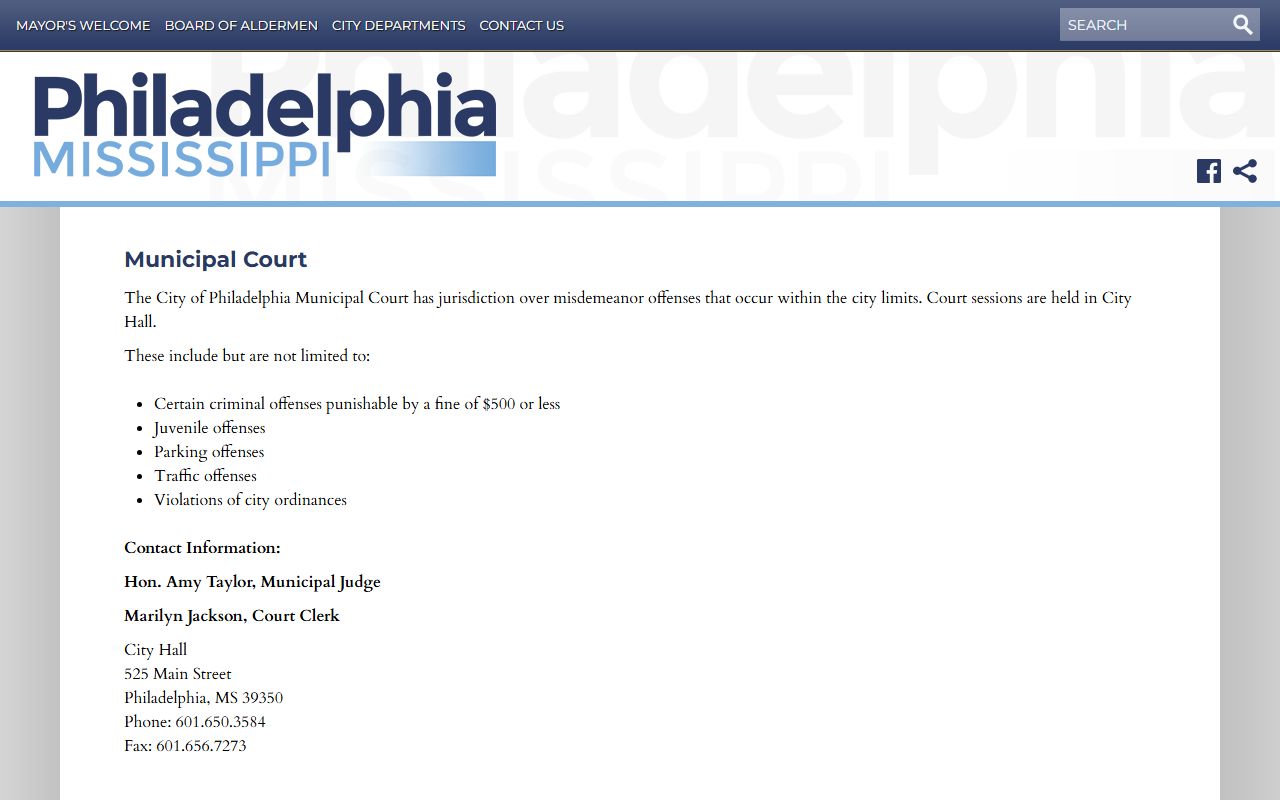 City of Philadelphia Municipal Court page used for Neshoba County docket and court records research