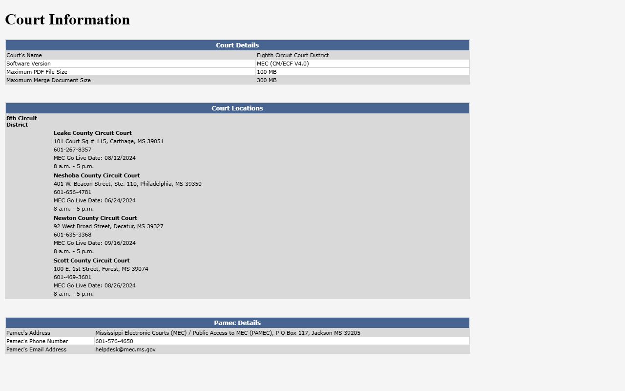 Neshoba County court records Eighth Circuit MEC information page