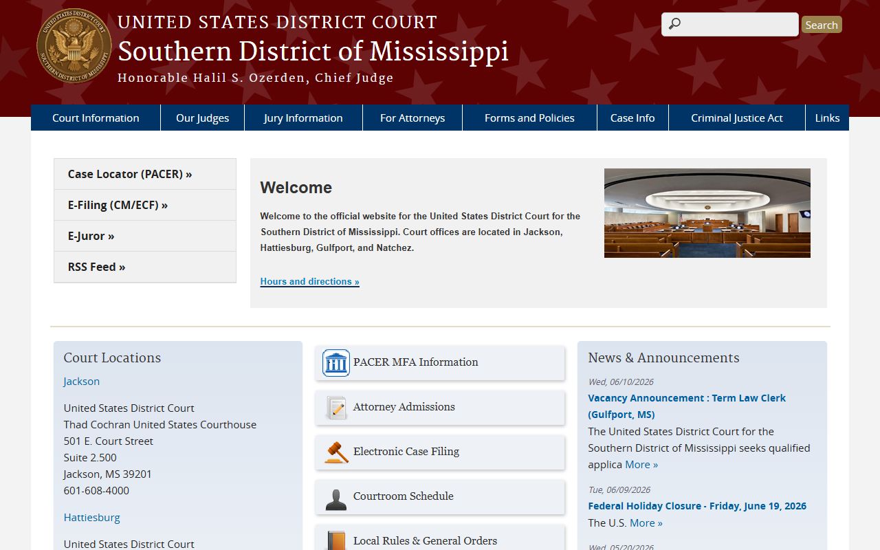 Neshoba County federal and court records on the Southern District of Mississippi homepage