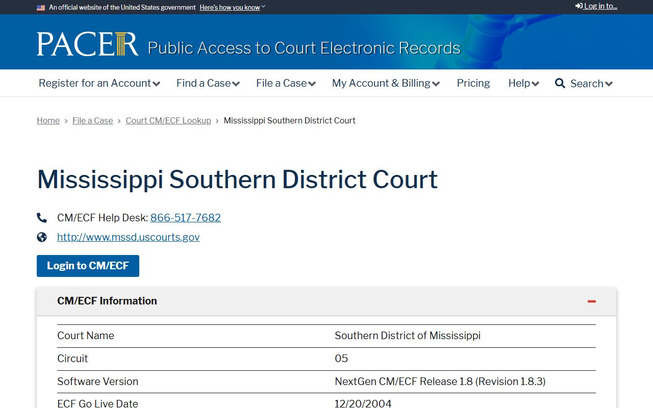 Neshoba County federal court records CM/ECF lookup for the Mississippi Southern District Court