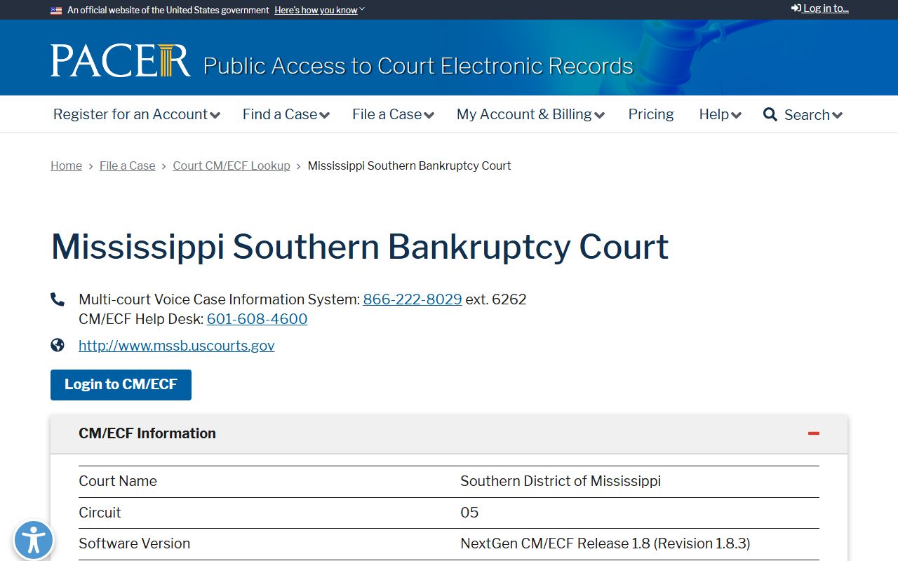 Neshoba County federal bankruptcy court records CM/ECF lookup for the Mississippi Southern Bankruptcy Court