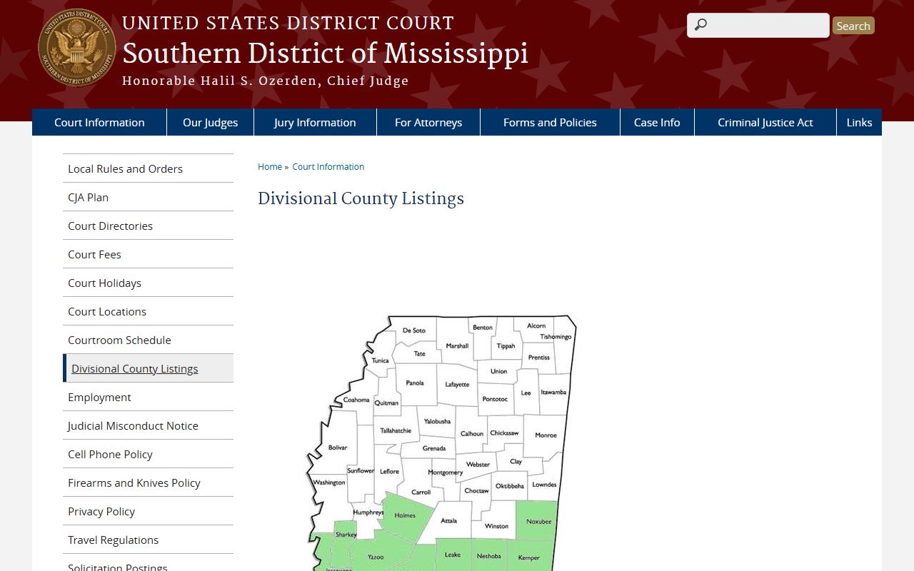 Neshoba County federal court records division listing for the Southern District of Mississippi