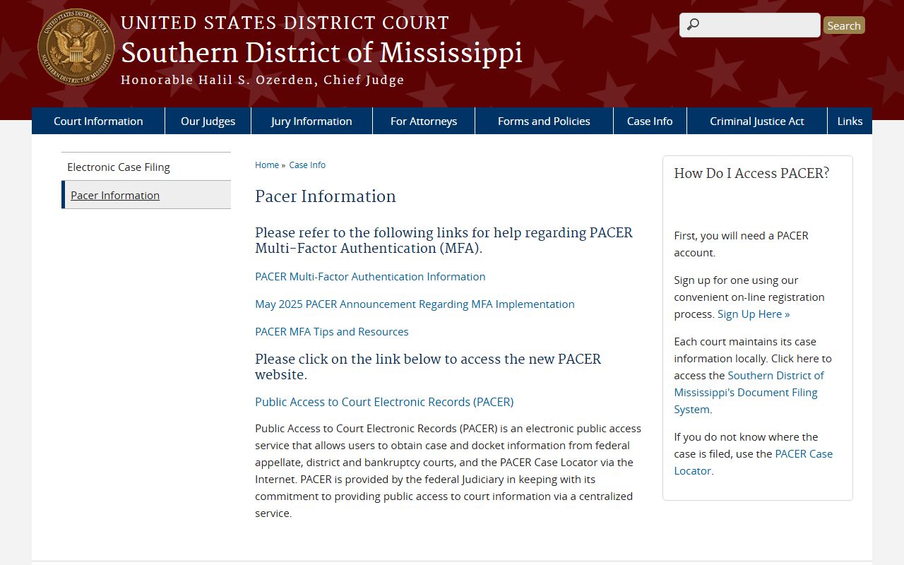 Neshoba County federal court records access through the district PACER information page