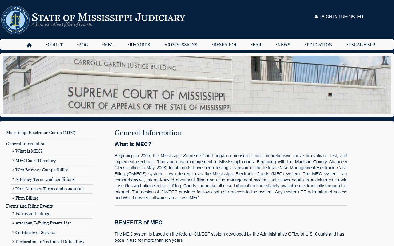 MEC general information page describing Neshoba County court records dockets