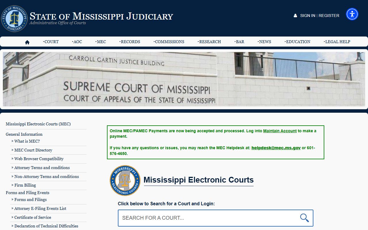 Mississippi MEC electronic court records access for Neshoba County court records