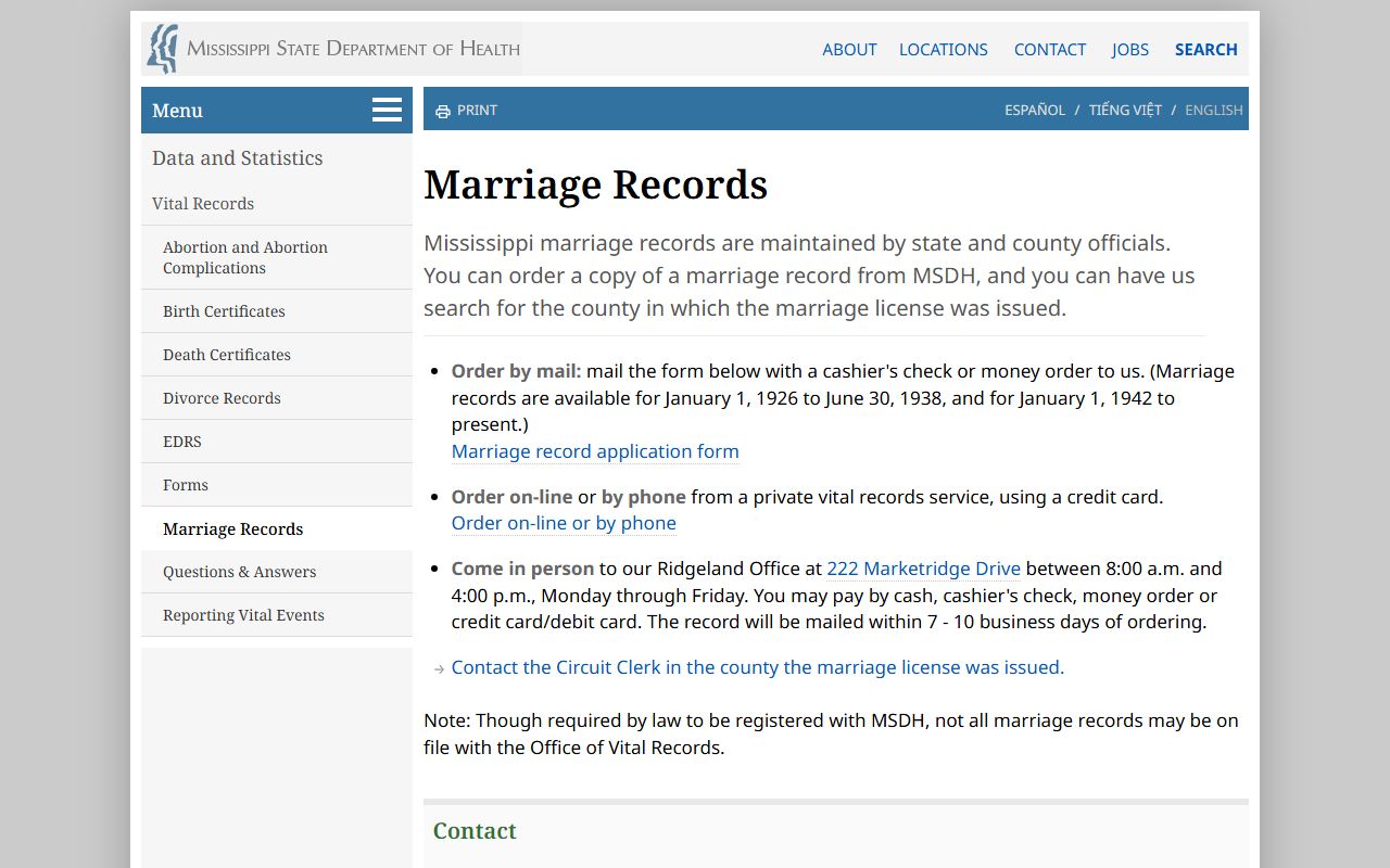 Neshoba County marriage records page at the Mississippi State Department of Health