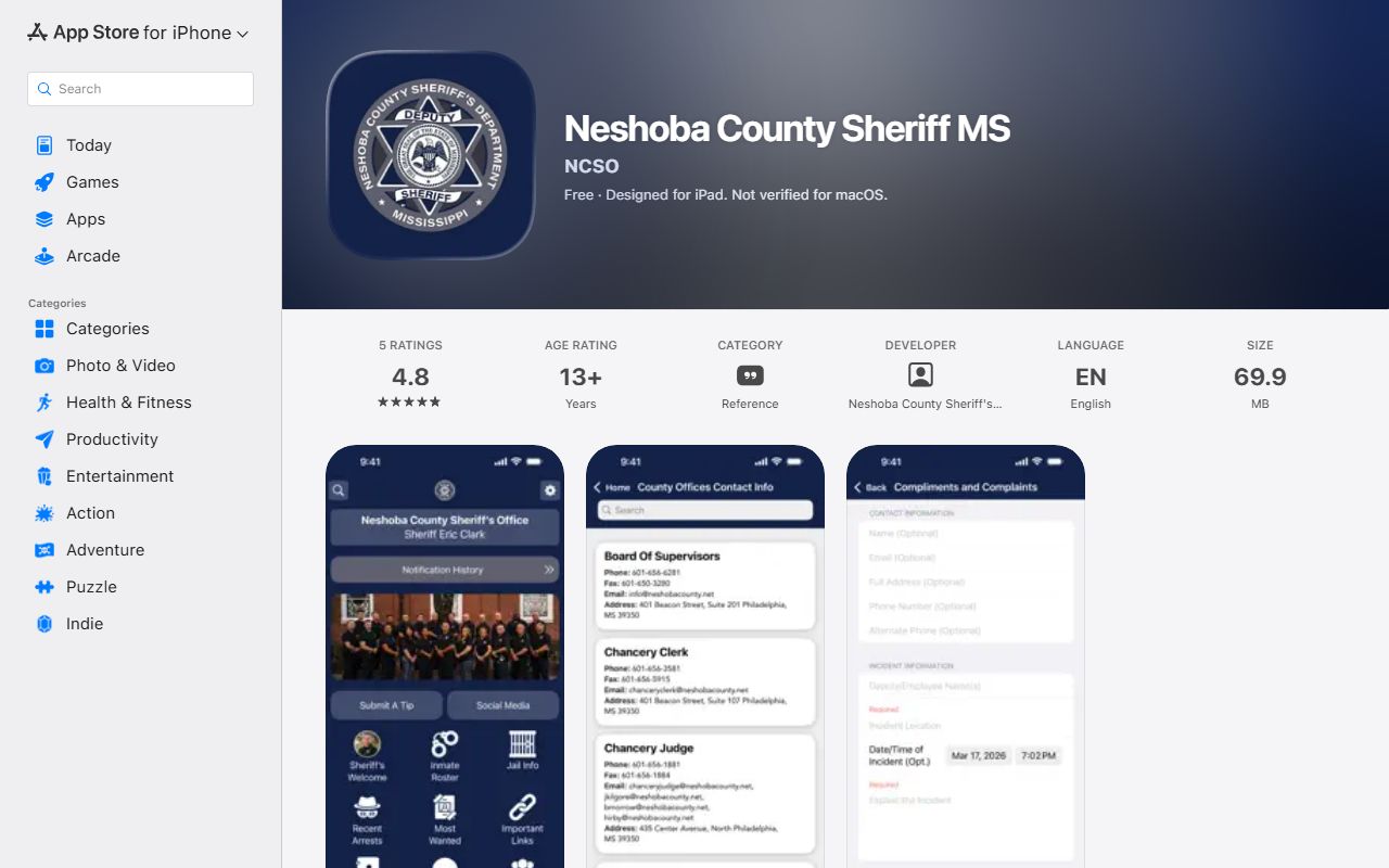 Neshoba County warrant and public safety records on the Sheriff iOS app